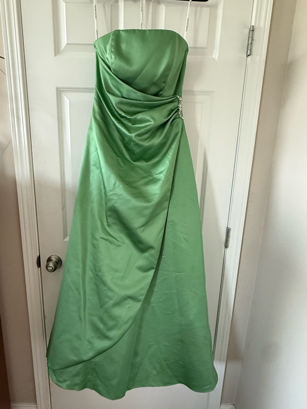 David's Bridal Strapless Light Green Satin Gown